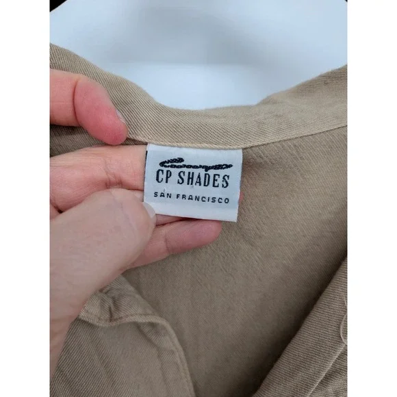 CP Shades Button Up Top Womens Medium Tan Rayon Long Sleeve Pockets Lagenlook - Picture 2 of 7
